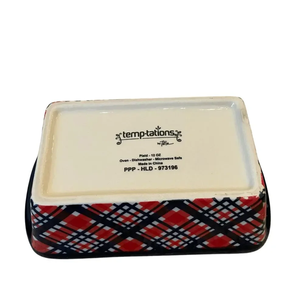 Temptations by Tara Mini Ceramic Loaf Pan w/ Lid 12oz Holiday Plaid Bakeware NEW